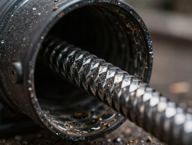Tight macro shot of a steel drain snake entering a dark pipe, high-contrast work-light illumination, metallic textures.
