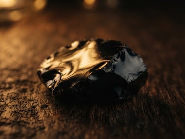 Macro shot of polished black obsidian stone reflecting warm golden light, dark walnut wood texture in the background, sharp focus, low-key lighting