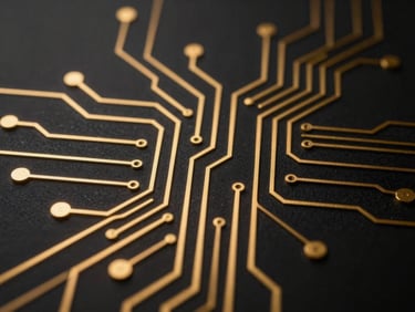 Abstract glowing golden circuit paths flowing across a matte black background, sharp focus, technical style