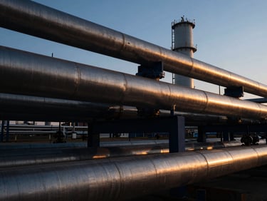 Close-up of industrial steel pipelines at an energy terminal, twilight golden-hour light reflecting on polished metal, deep navy shadows.