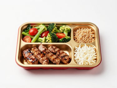 Clean studio flat lay of a corporate lunch tray with balanced portions of grilled protein, fresh vegetables, and grains, bright white background, gold accents.