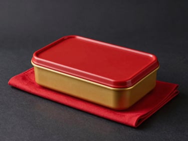 Elegant closed corporate lunchbox on a deep charcoal background, minimalist setup, bright studio lighting, rich red napkin.