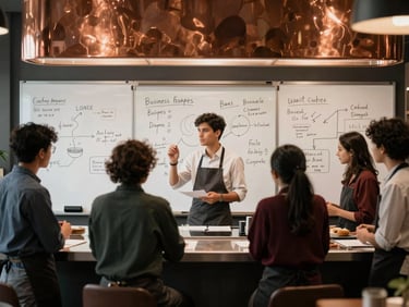 A small group of culinary students collaborating on a business plan in a modern, well-lit kitchen, whiteboards with ideas, warm kitchen glow, structured grid layout.