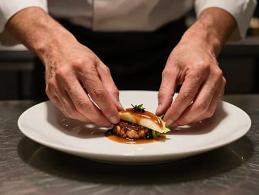 Close-up of a chef's hands carefully plating a delicate dish in a professional kitchen, warm side-lighting, shallow depth of field, rich copper accents.