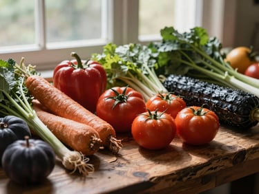 Fresh, vibrant produce from a local farm market, arranged on a rustic wooden table, natural window light, rich textures, high-contrast.