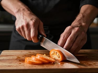 Close-up of a chef's hands precisely slicing vegetables with a sharp knife, high-contrast side-lighting, shallow depth of field.