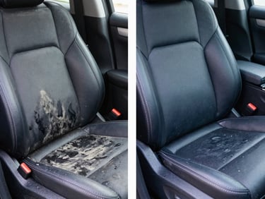 Side-by-side comparison split screen of a dusty dark car seat with water stains on the left, and a deep-cleaned spotless dark car seat on the right, high-key daylight