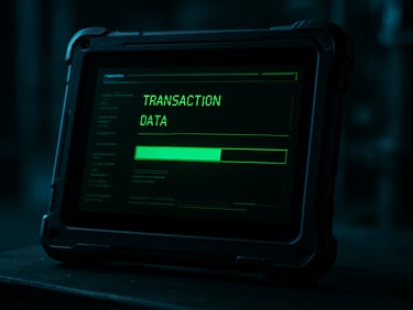 Close-up of a rugged tablet interface displaying transactional data sync progress bar, high-contrast terminal-green interface, dark background, industrial setting