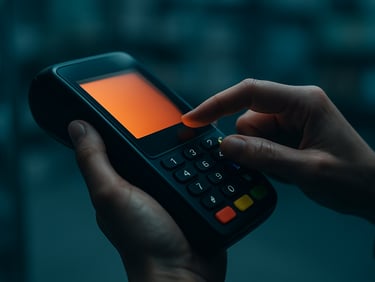 Close up of hands operating a custom Android POS terminal in a modern retail environment, high-contrast low-key lighting, orange accent glow