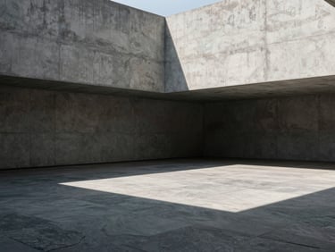Minimalist architectural concrete courtyard with harsh geometric shadows cast by midday sun, raw slate textures, empty space, sober and silent atmosphere.
