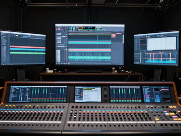 Wide environmental shot of an empty dark production suite, multiple screens glowing with DAW interfaces, mixing console in foreground, no people