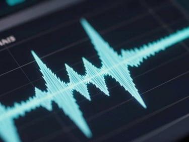 Extreme close-up macro of audio waveforms on a dark DAW interface, sharp peaks and valleys glowing faint cyan-white against near-black background, no text legible, ultra-precise detail of the waveform geometry