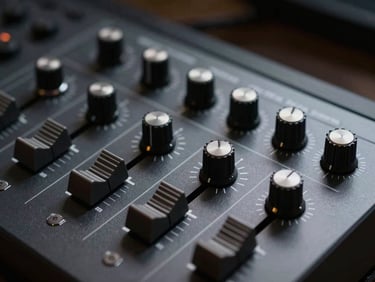 Macro detail of audio plugin interface on a dark monitor, knobs and frequency sliders in sharp focus, surrounding darkness