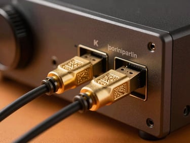 Macro close-up of premium gold-plated HDMI cables plugged into the back of a high-end home theater receiver, soft orange backlight, cinematic focus.