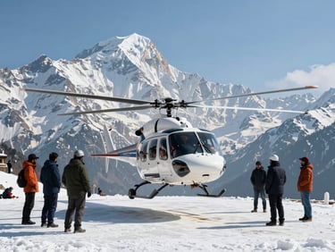 A helicopter landing on a pristine high-altitude pad near Kedarnath, majestic snow peaks under a clear blue sky, professional ground crew assisting travelers.