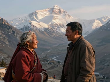 A warm, respectful interaction between a local Himalayan guide and an elderly pilgrim couple, with the majestic snow peaks of Uttarakhand soft in the background, golden morning light.