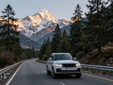 A luxury SUV driving smoothly along a scenic Himalayan highway lined with tall pine trees, distant snow-capped mountains bathed in morning light.