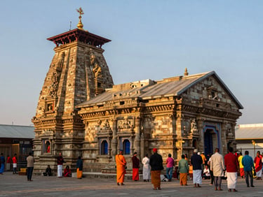 The ancient stone facade of Kedarnath temple illuminated by the warm golden light of early morning, devout pilgrims gathering peacefully in the courtyard.