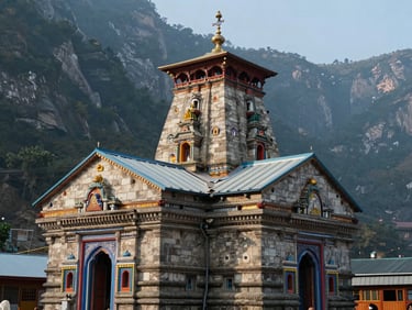 The beautiful stone architecture of Badrinath Temple with colorful details, surrounded by steep mountain cliffs under soft daylight.