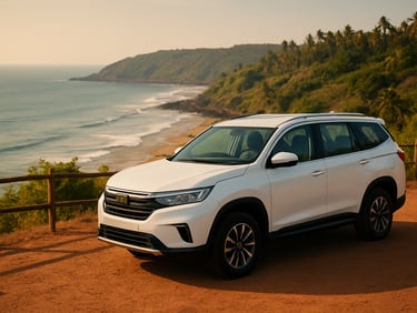 A clean white family SUV parked near a scenic viewpoint overlooking the Goan coastline, bright daylight, 35mm.