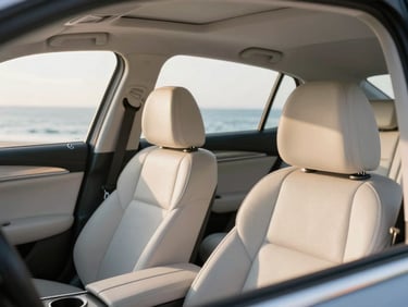 Interior of a clean modern sedan, pristine leather seats, air conditioning vents visible, bright daylight, 35mm.