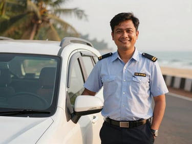 A professional local driver in a clean uniform standing politely beside a modern vehicle, smiling naturally, bright Goan day, 35mm.