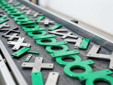 Abstract shot of various recycled metal pieces being sorted on a conveyor belt, vibrant emerald green accents, industrial editorial photography, bright overcast daylight, sharp focus, 35mm