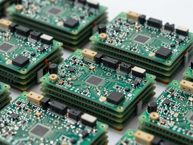 Close-up of neatly stacked circuit boards and electronic components, vibrant green accents, industrial editorial photography, bright overcast daylight, sharp focus, 35mm