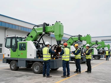 Wide shot of a professional crew in safety gear dismantling heavy machinery in a clean industrial factory, bright overcast daylight, sharp focus, 35mm, corporate-industrial style
