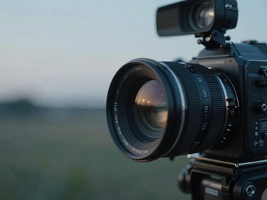 Atmospheric shot of a film camera lens reflecting soft blue twilight, cinematic depth of field, 35mm film grain.