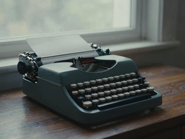 Cinematic 16:9 still of a vintage typewriter on a dark wooden desk, soft morning window light, moody shadows, 35mm film grain.