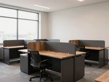 Minimalist office interior showcasing custom modular workstations, natural diffused light, clean charcoal frames, light timber tops, 35mm