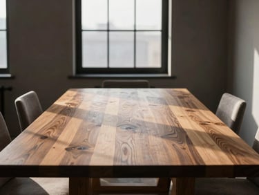 Sunlit modern living room featuring a custom solid wood dining table, natural window light casting soft shadows, rich grain details, 35mm