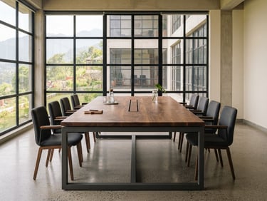 Straight-on architectural elevation of custom executive tables in a sunlit Dehradun office, natural window light, rich walnut grain, matte charcoal steel frame, 35mm