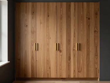 Floor-to-ceiling custom oak wardrobe in a modern bedroom, minimalist brass handles, warm diffused lighting, 35mm