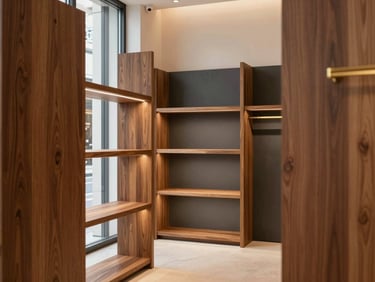 Architectural shot of a modern retail boutique, custom timber display racks, subtle gold accents, soft warm overhead lighting, 35mm