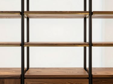 Minimalist retail display shelving unit with subtle gold brass accents, charcoal metal uprights, showcasing premium products under soft diffused daylight