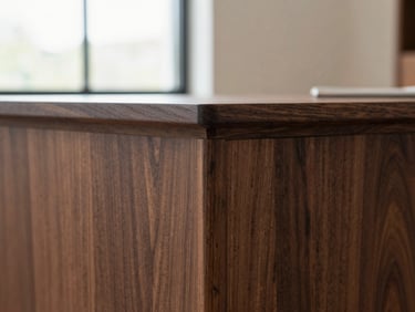 Close-up of seamless wood joinery on a custom walnut executive desk, soft natural window light, architectural macro shot, 35mm