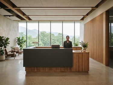 Straight-on architectural photo of a modern corporate reception area in Dehradun, custom matte charcoal desk with warm oak wood paneling, natural window light, 35mm