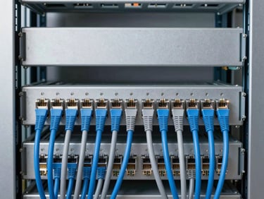 Symmetrical medium close-up of a neatly organized electrical rack with blue and gray ethernet cables, crisp industrial-tech minimalism, bright daylight, 35mm lens