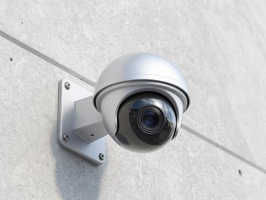 Close-up of a modern dome security camera mounted on a clean concrete wall, sharp focus, metallic tones, bright daylight