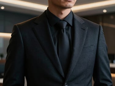 Cinematic medium close-up of a sharp professional man in a tailored dark suit, soft gold rim light, modern high-end office background, 35mm