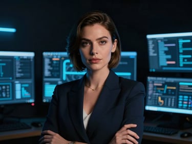 Cinematic portrait of a confident professional woman in a dark-mode studio setting, dramatic blue rim light, sleek tech screens in background, 35mm