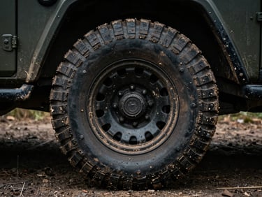 Close-up of a rugged off-road tire covered in thick mud, mounted on a dark tactical vehicle, low-key dramatic lighting, high-contrast gritty texture.