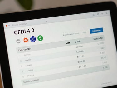Close-up of a digital invoice generator screen, showing CFDI 4.0 validation badges and clean XML-to-PDF conversion metrics, soft natural light.