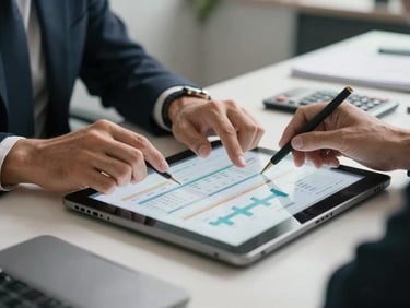 Primer plano de manos de un contador analizando datos limpios en una tableta digital dentro de una oficina moderna en México, luz natural difusa.