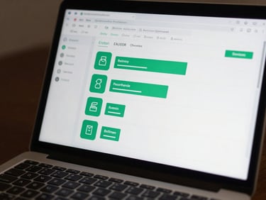 Macro shot of a clean administrative software interface on a laptop screen, showing emerald green status badges and clear financial metrics