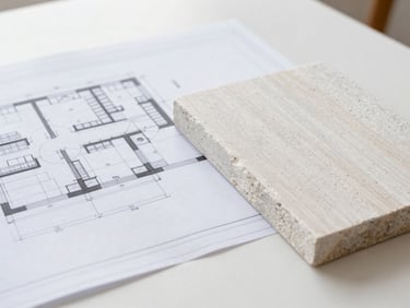 Architectural blueprint next to a sample of natural stone and wood on a clean table