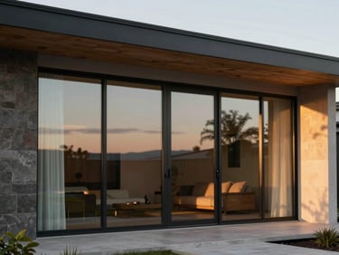 Contemporary West Coast home with large glass windows, warm late-afternoon sun reflecting off oak details, shallow depth of field