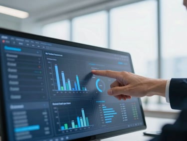 Close-up of hands analyzing a digital dashboard with charts and data, bright natural office daylight, cool blue tones, sharp focus, architectural framing, 35mm